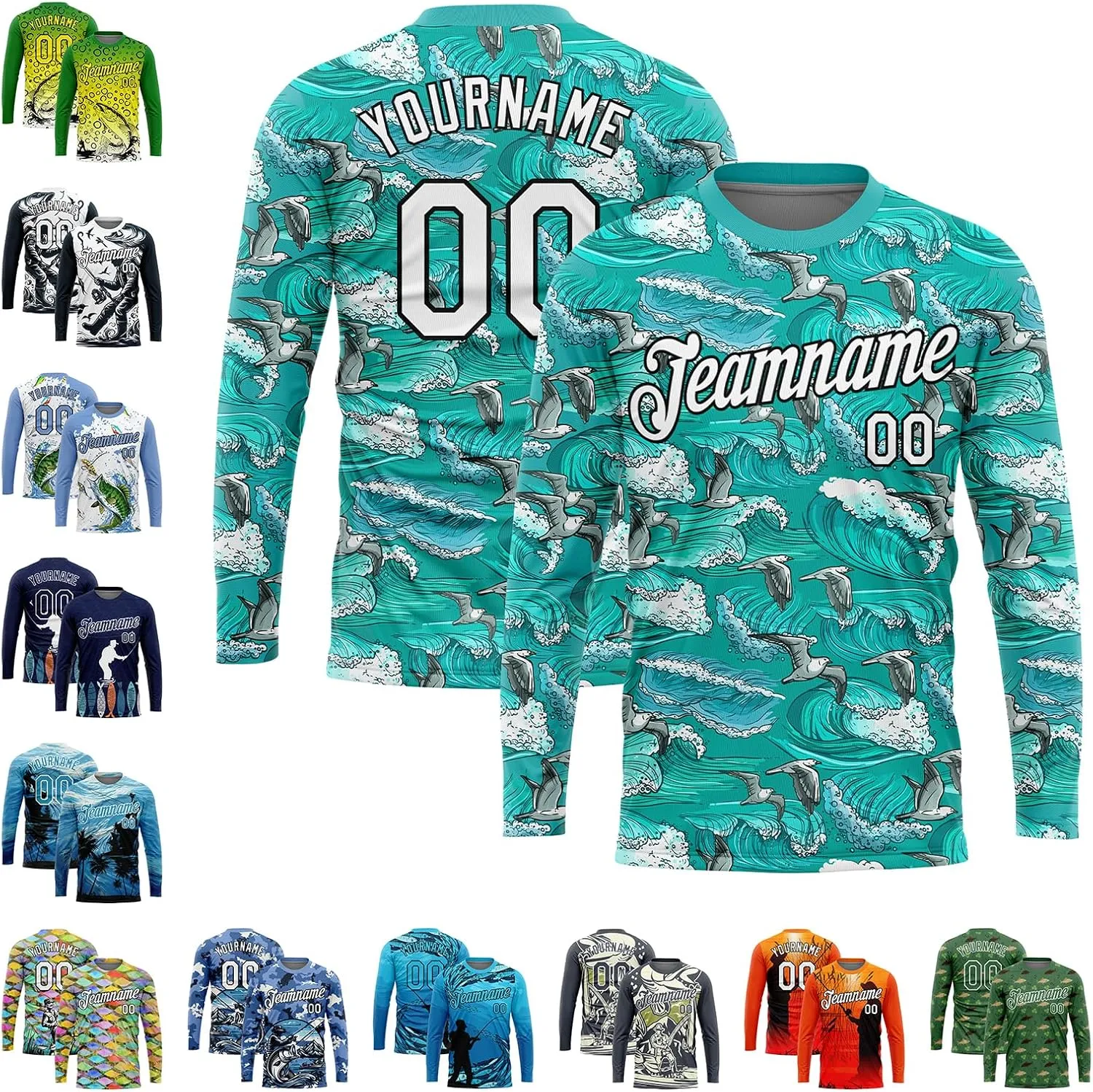 Custom Novelty Fishing Shirt for Men Teens, Long Sleeve Graphic Tees Football Jersey Tops Printed Name/Number