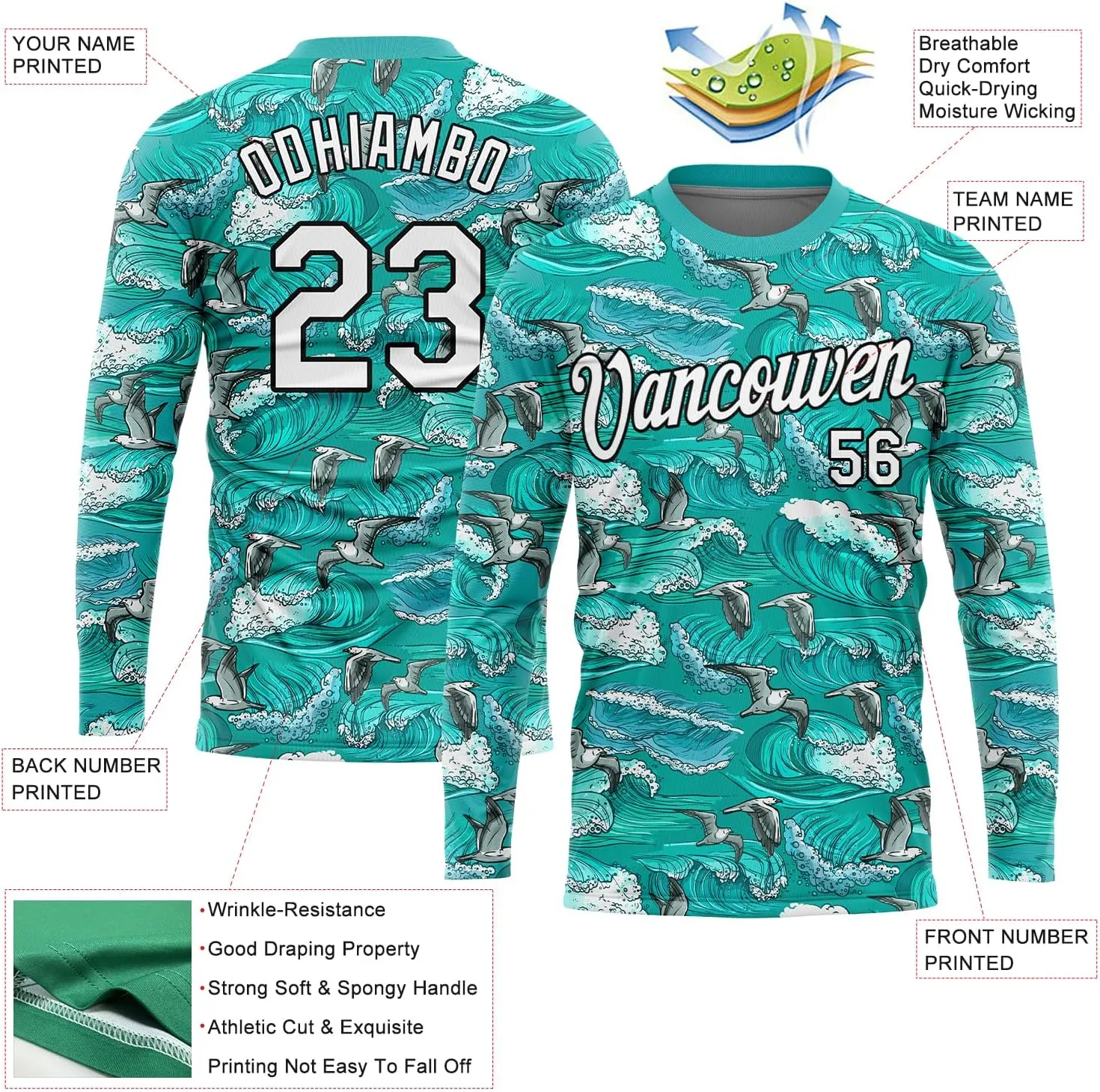 Custom Novelty Fishing Shirt for Men Teens, Long Sleeve Graphic Tees Football Jersey Tops Printed Name/Number