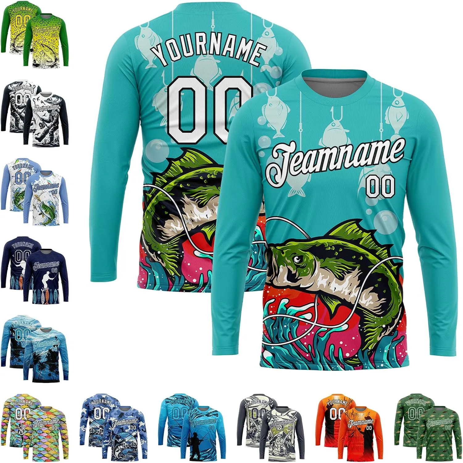 Custom Novelty Fishing Shirt for Men Teens, Long Sleeve Graphic Tees Football Jersey Tops Printed Name/Number