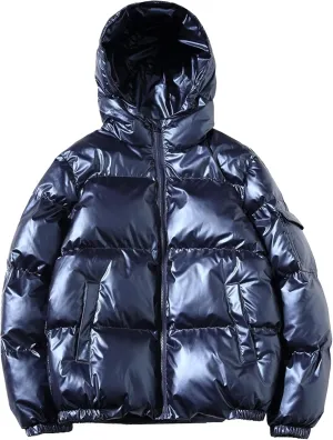 DGHM-JLMY Men's Glossy Padded Winter Hood Coat Metallic Full Zip Down Quilted Puffer Jacket Warm Plus Size Shiny Hooded Coat
