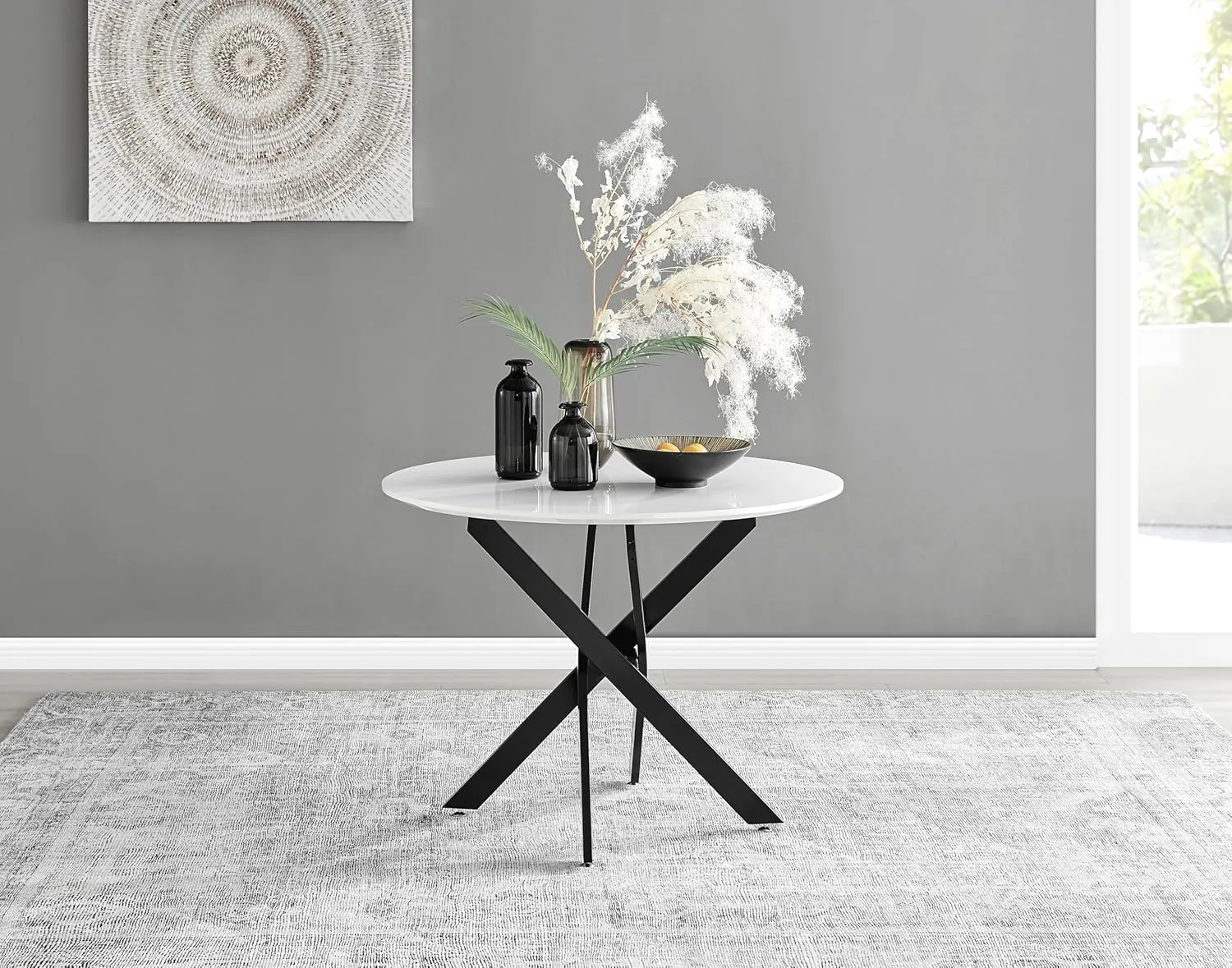 Dining Table - Novara 40" Round Industrial White High Gloss Surface with Black Matte Metal Nested Starburst Legs - 2-4 Seater - Compact Small Round for Kitchen Dining Room