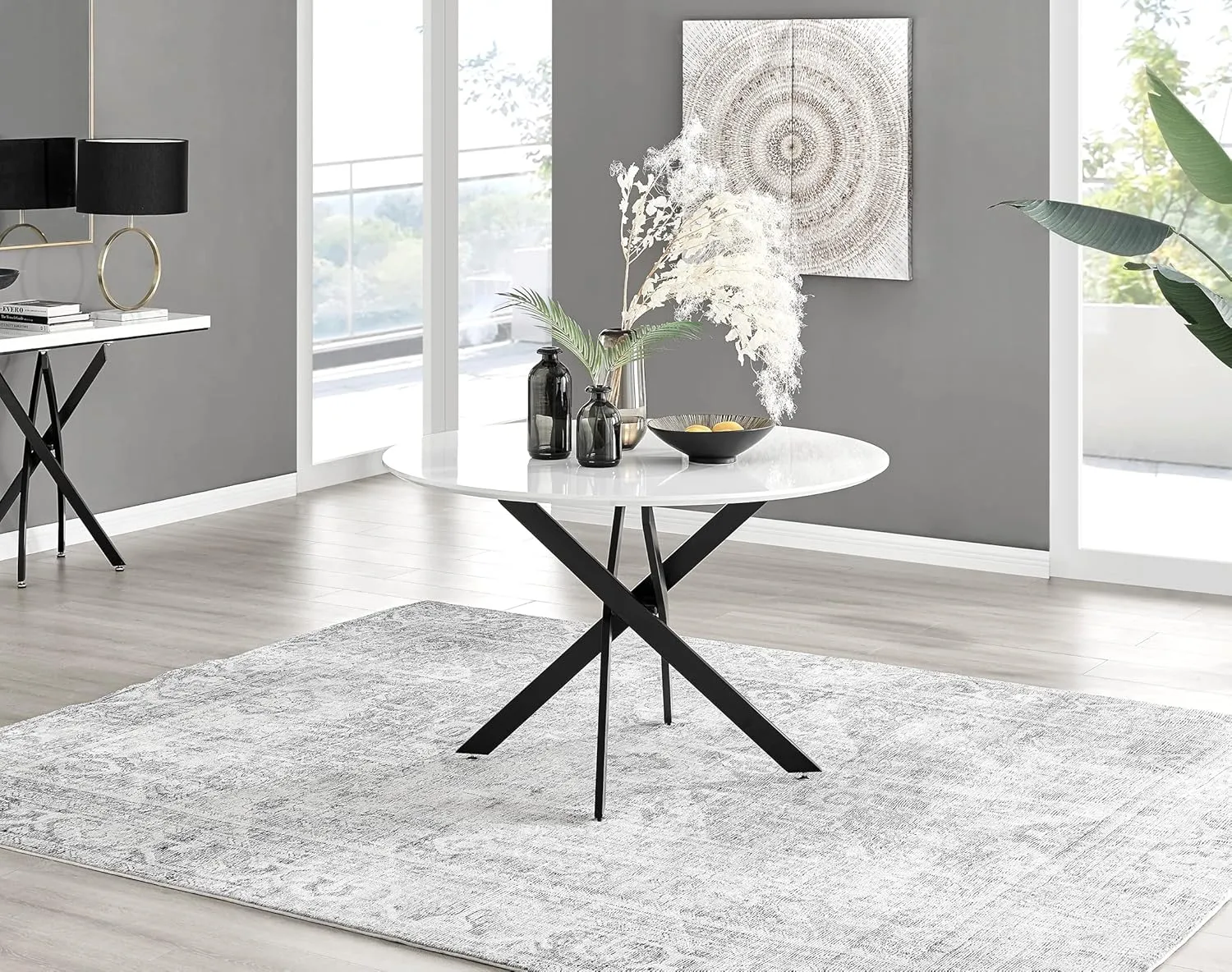 Dining Table - Novara 47" Round Industrial White High Gloss Surface with Black Matte Metal Nested Starburst Legs - 4-6 Seater - Round Dinner Table - Modern Dining Furniture