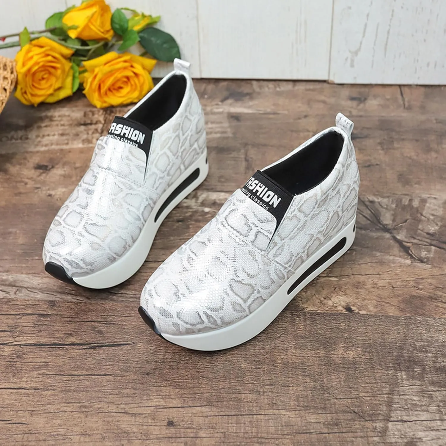 DIYCAM Snakeskin Platform Sneakers for Women Round Toe Slip On Classic Wedge Heel Loafers Sneaker Comfortable Work Casual Shoes 2024