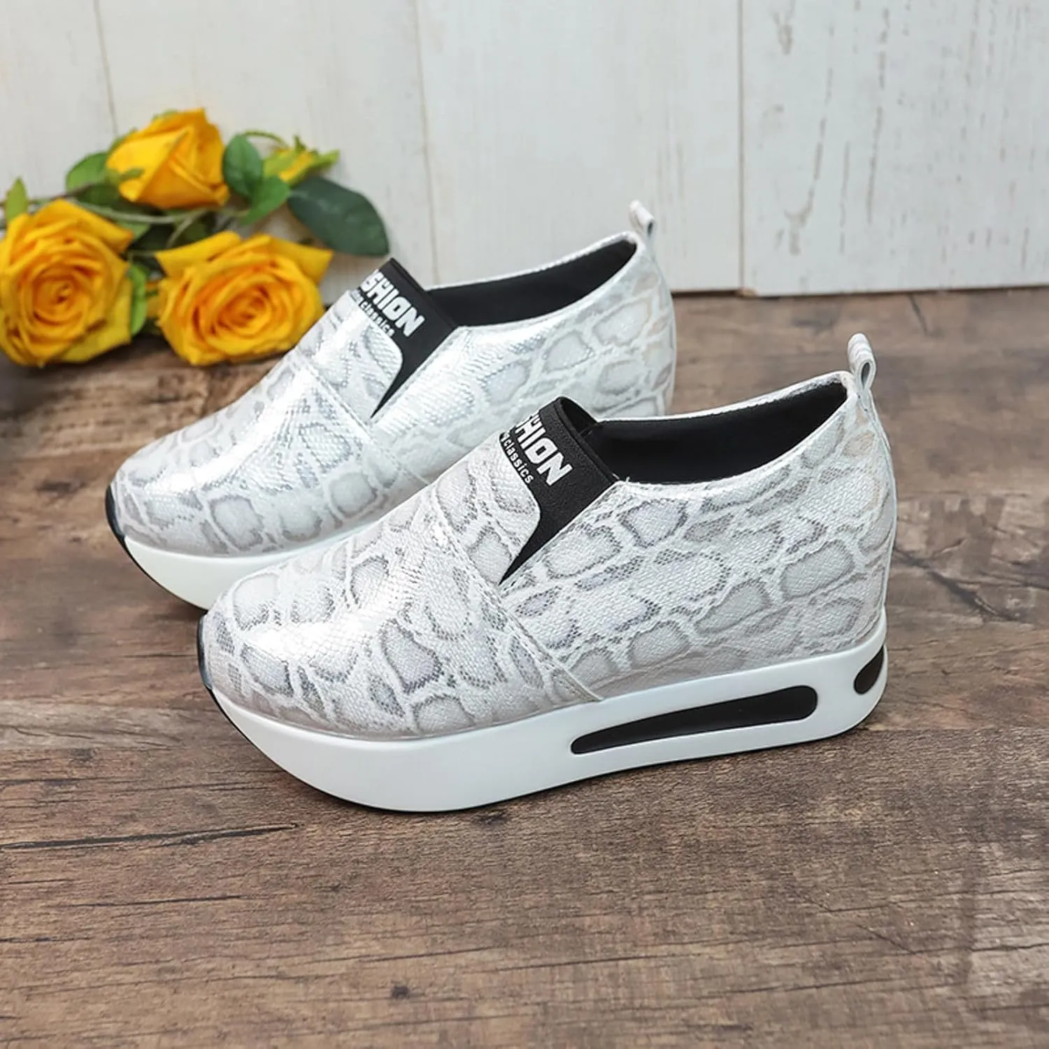 DIYCAM Snakeskin Platform Sneakers for Women Round Toe Slip On Classic Wedge Heel Loafers Sneaker Comfortable Work Casual Shoes 2024
