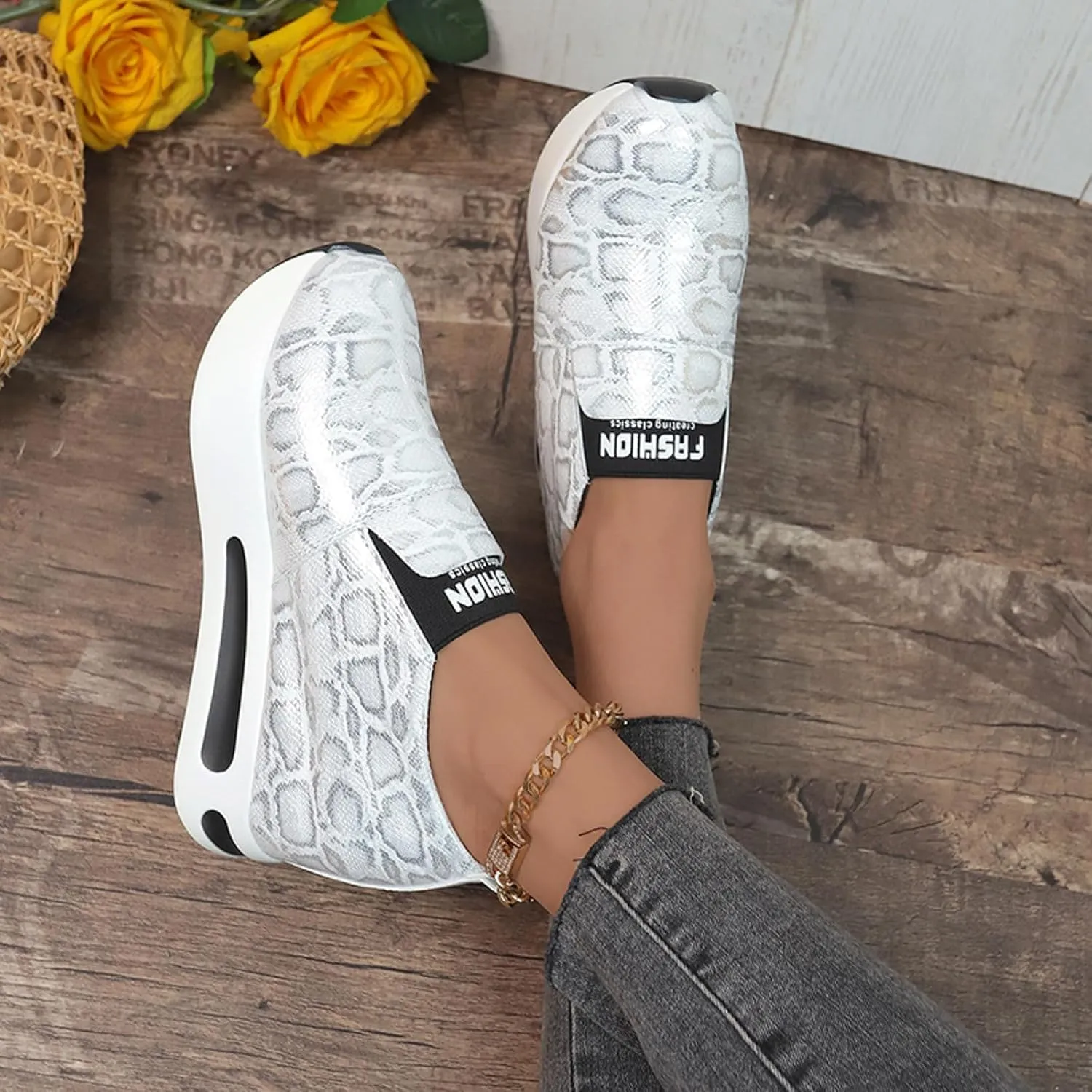 DIYCAM Snakeskin Platform Sneakers for Women Round Toe Slip On Classic Wedge Heel Loafers Sneaker Comfortable Work Casual Shoes 2024