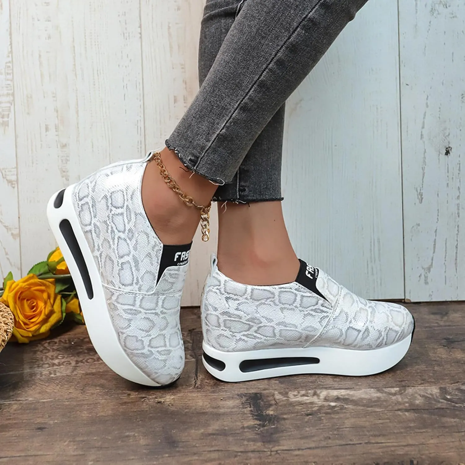 DIYCAM Snakeskin Platform Sneakers for Women Round Toe Slip On Classic Wedge Heel Loafers Sneaker Comfortable Work Casual Shoes 2024