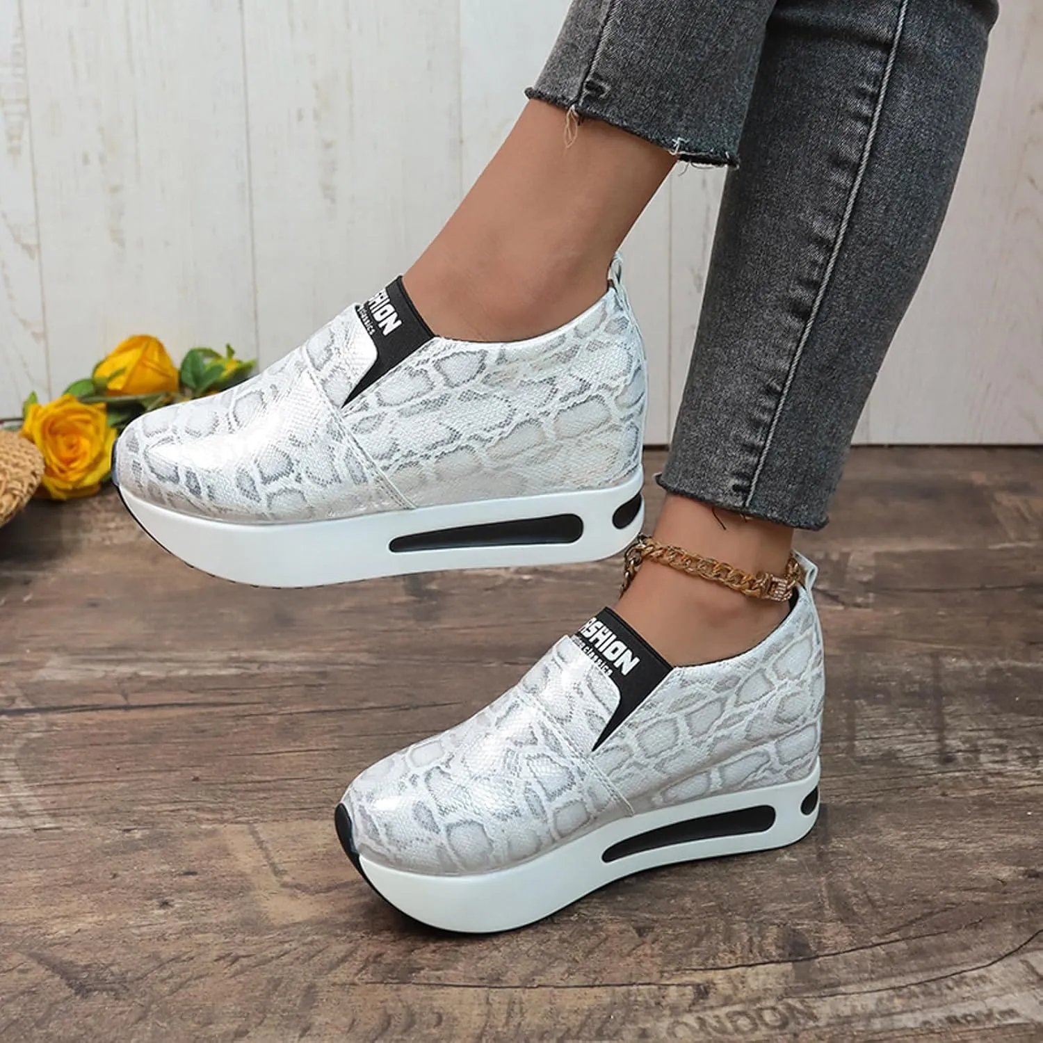 DIYCAM Snakeskin Platform Sneakers for Women Round Toe Slip On Classic Wedge Heel Loafers Sneaker Comfortable Work Casual Shoes 2024