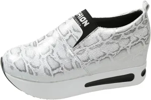 DIYCAM Snakeskin Platform Sneakers for Women Round Toe Slip On Classic Wedge Heel Loafers Sneaker Comfortable Work Casual Shoes 2024