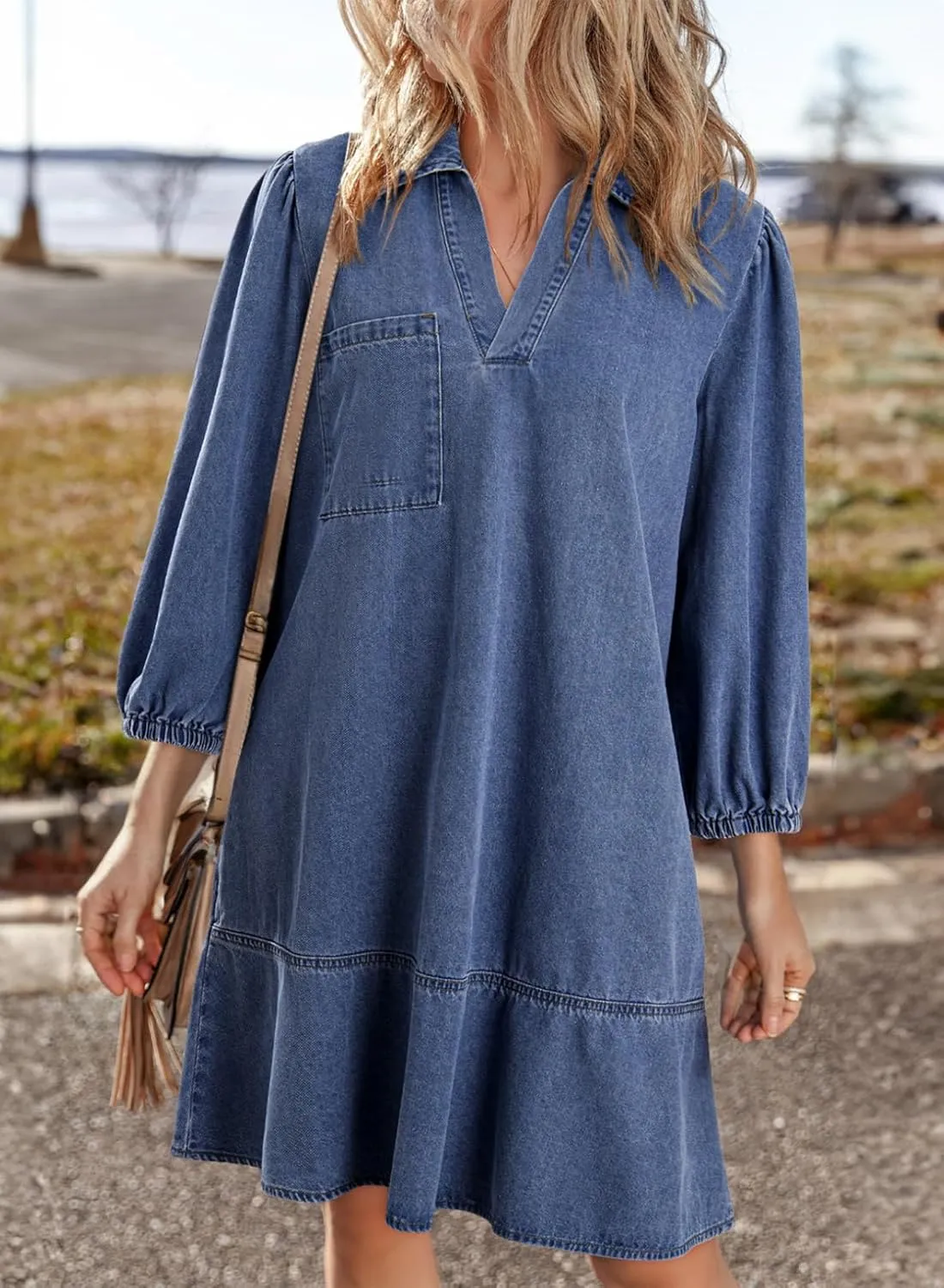Dokotoo Denim Dress for Women Summer Casual Babydoll 2025 V Neck 3/4 Puff Sleeve Jean Dresses