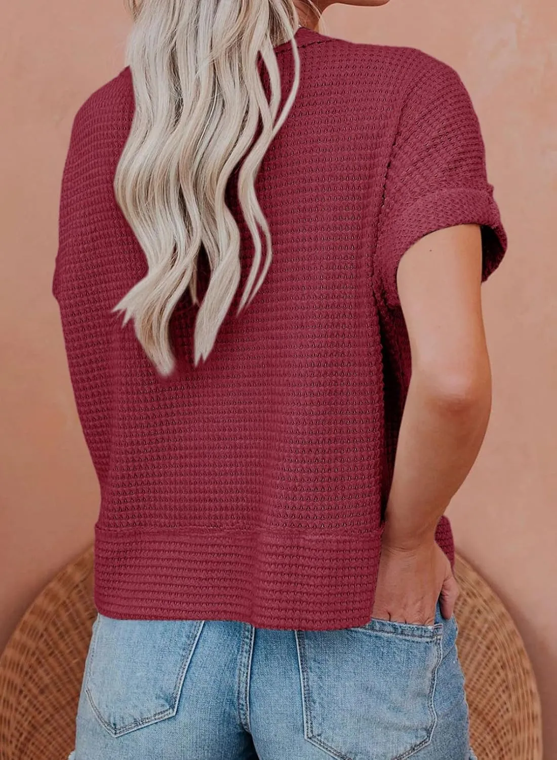 Dokotoo Womens Summer Tops 2025 Waffle Knit Button Down Shirts Casual V Neck Short Sleeve Shacket Jacket Dressy Blouses