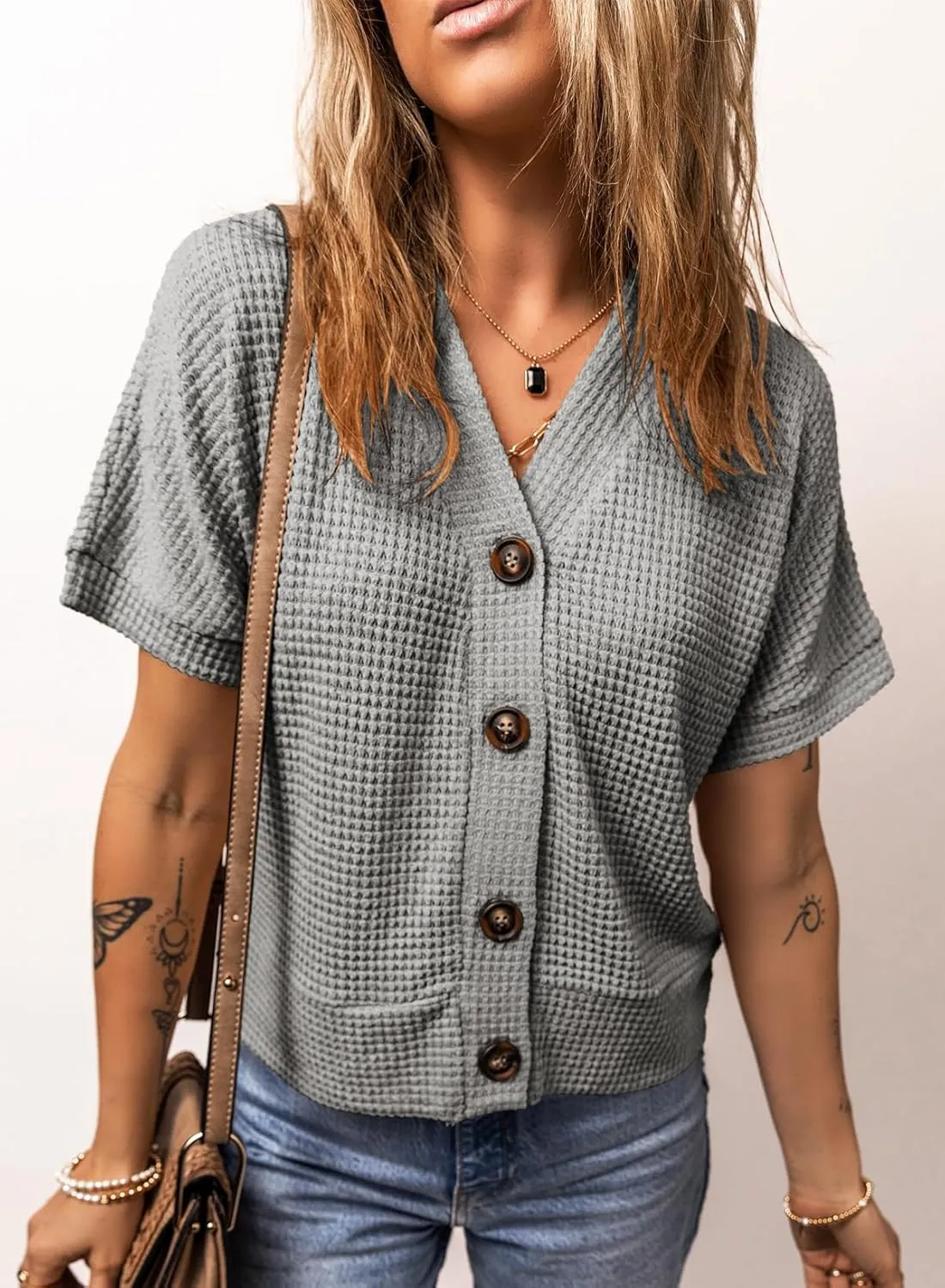 Dokotoo Womens Summer Tops 2025 Waffle Knit Button Down Shirts Casual V Neck Short Sleeve Shacket Jacket Dressy Blouses