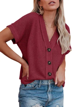Dokotoo Womens Summer Tops 2025 Waffle Knit Button Down Shirts Casual V Neck Short Sleeve Shacket Jacket Dressy Blouses