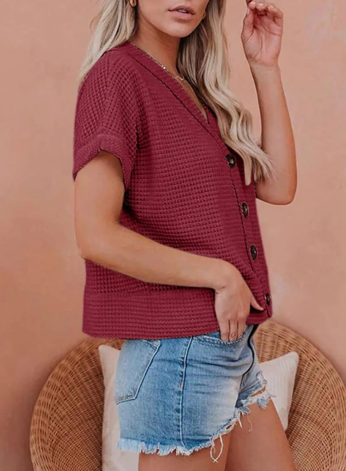 Dokotoo Womens Summer Tops 2025 Waffle Knit Button Down Shirts Casual V Neck Short Sleeve Shacket Jacket Dressy Blouses