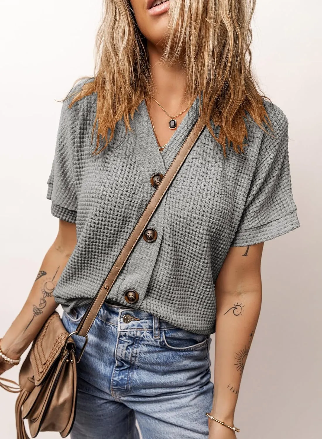 Dokotoo Womens Summer Tops 2025 Waffle Knit Button Down Shirts Casual V Neck Short Sleeve Shacket Jacket Dressy Blouses