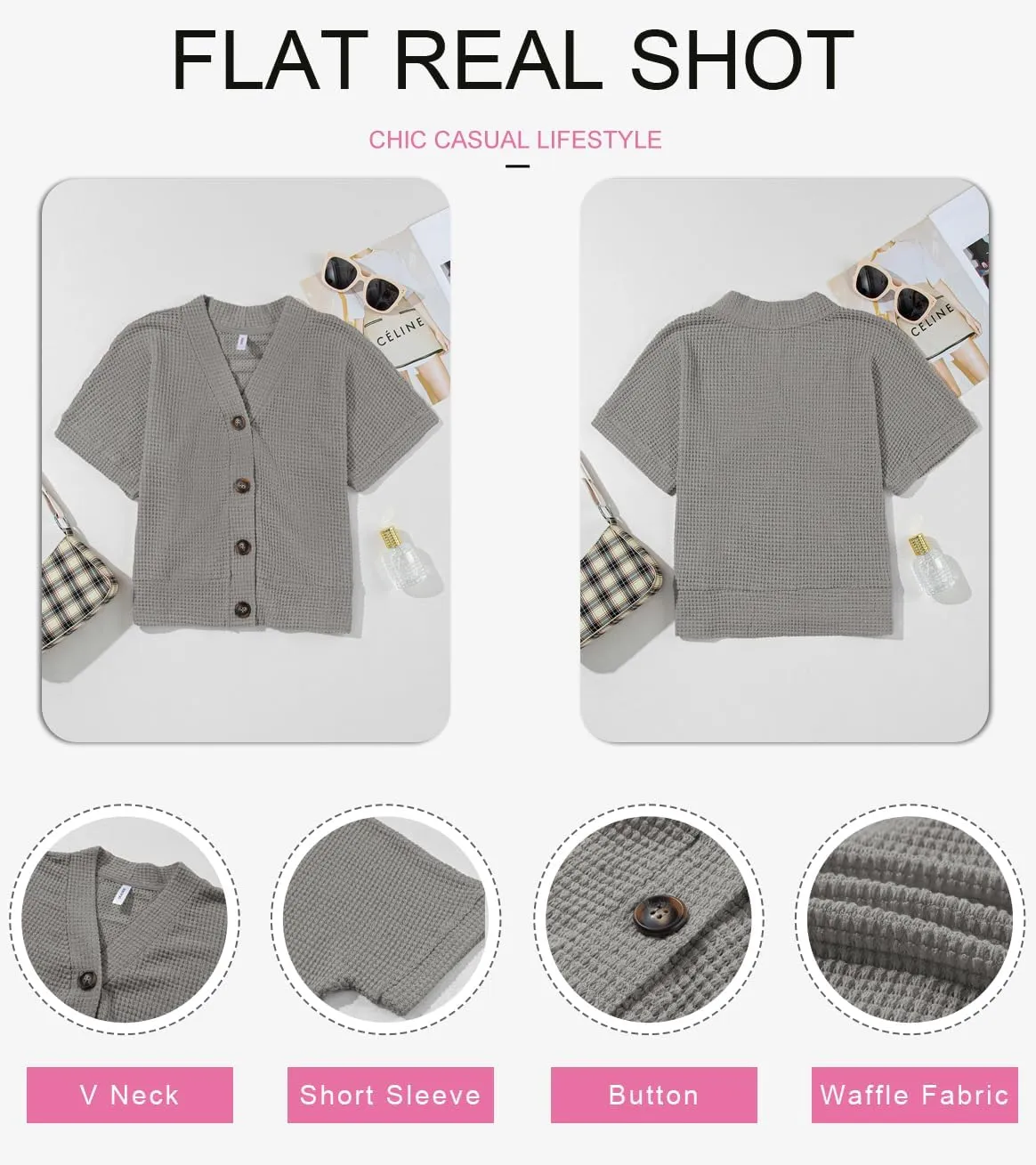 Dokotoo Womens Summer Tops 2025 Waffle Knit Button Down Shirts Casual V Neck Short Sleeve Shacket Jacket Dressy Blouses