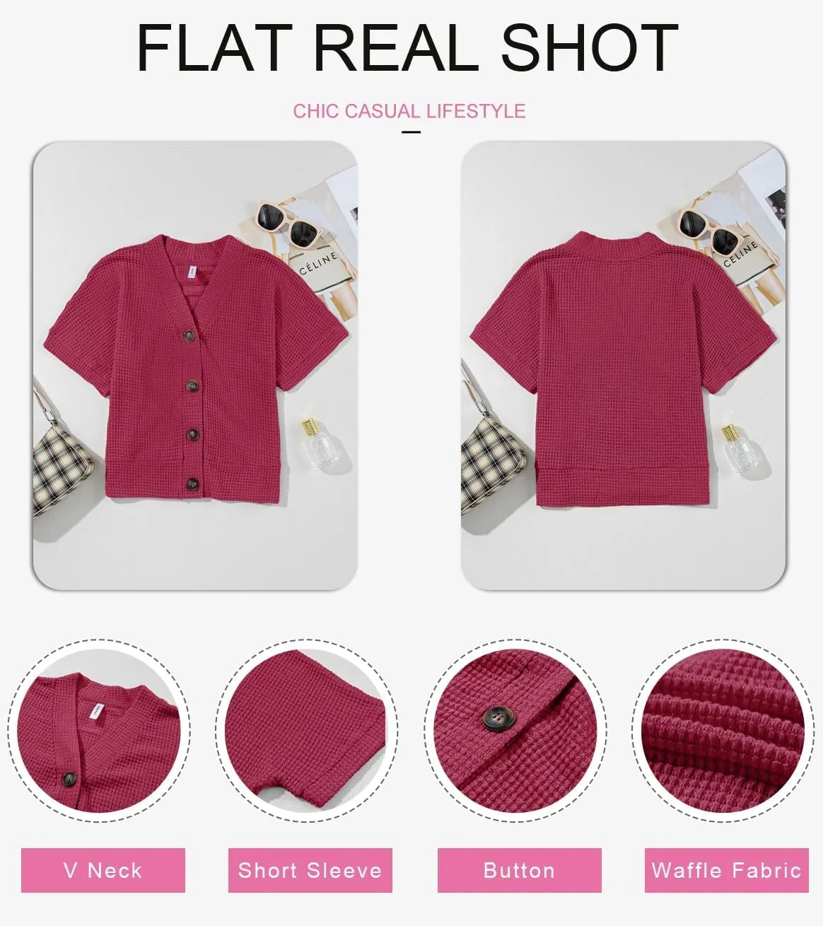 Dokotoo Womens Summer Tops 2025 Waffle Knit Button Down Shirts Casual V Neck Short Sleeve Shacket Jacket Dressy Blouses