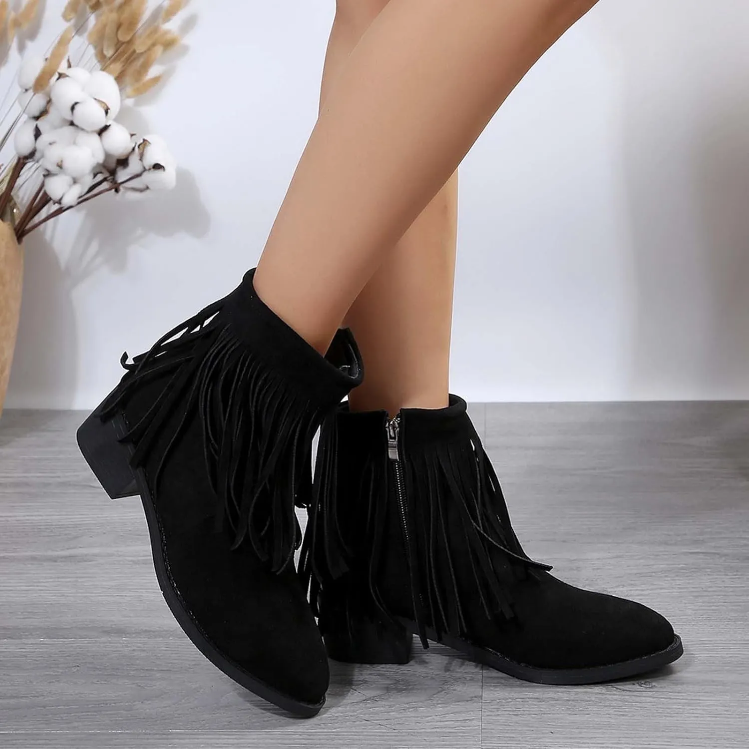 Dress Shoes for Women Tassel Suede Side Zipper Thick Heel Short Boots Casual Retro Fashion Middle Heel Boots