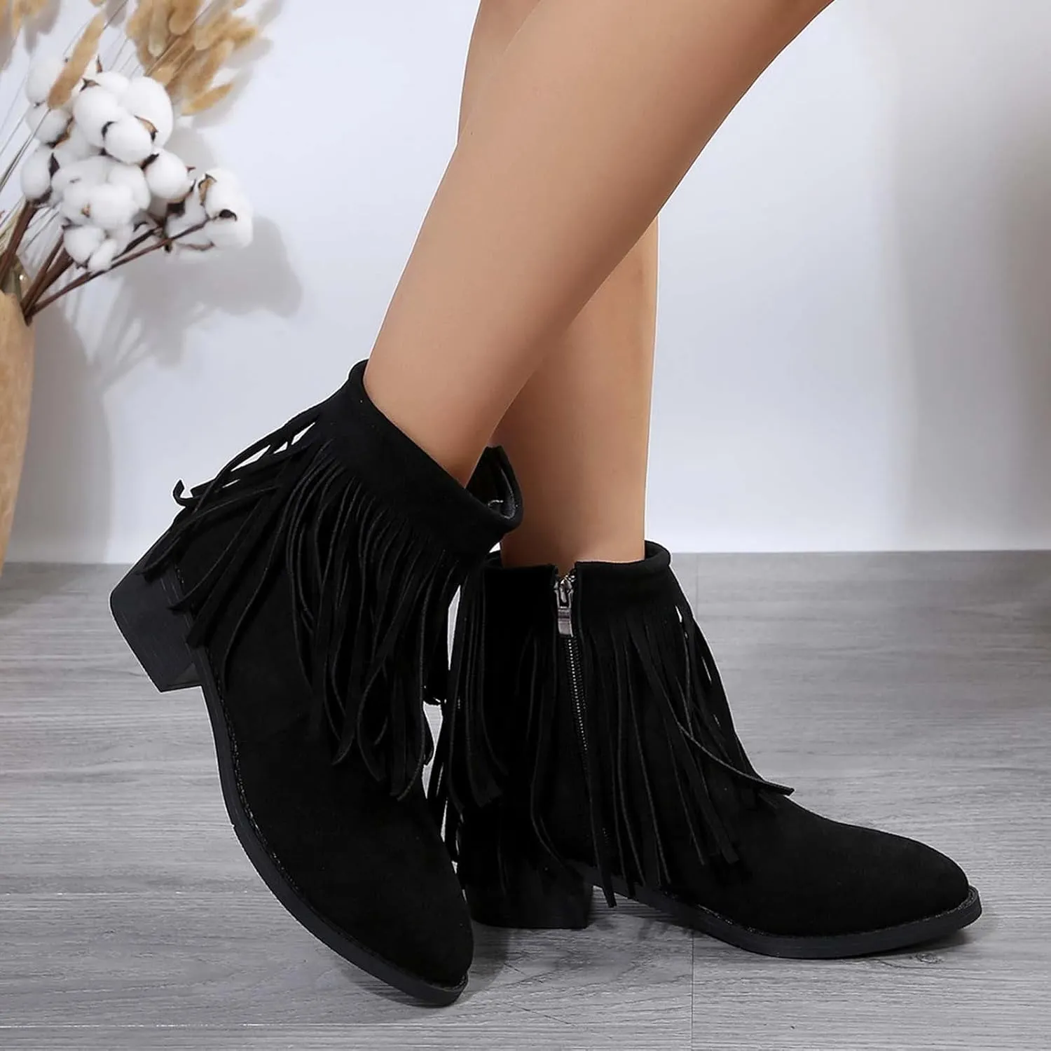 Dress Shoes for Women Tassel Suede Side Zipper Thick Heel Short Boots Casual Retro Fashion Middle Heel Boots