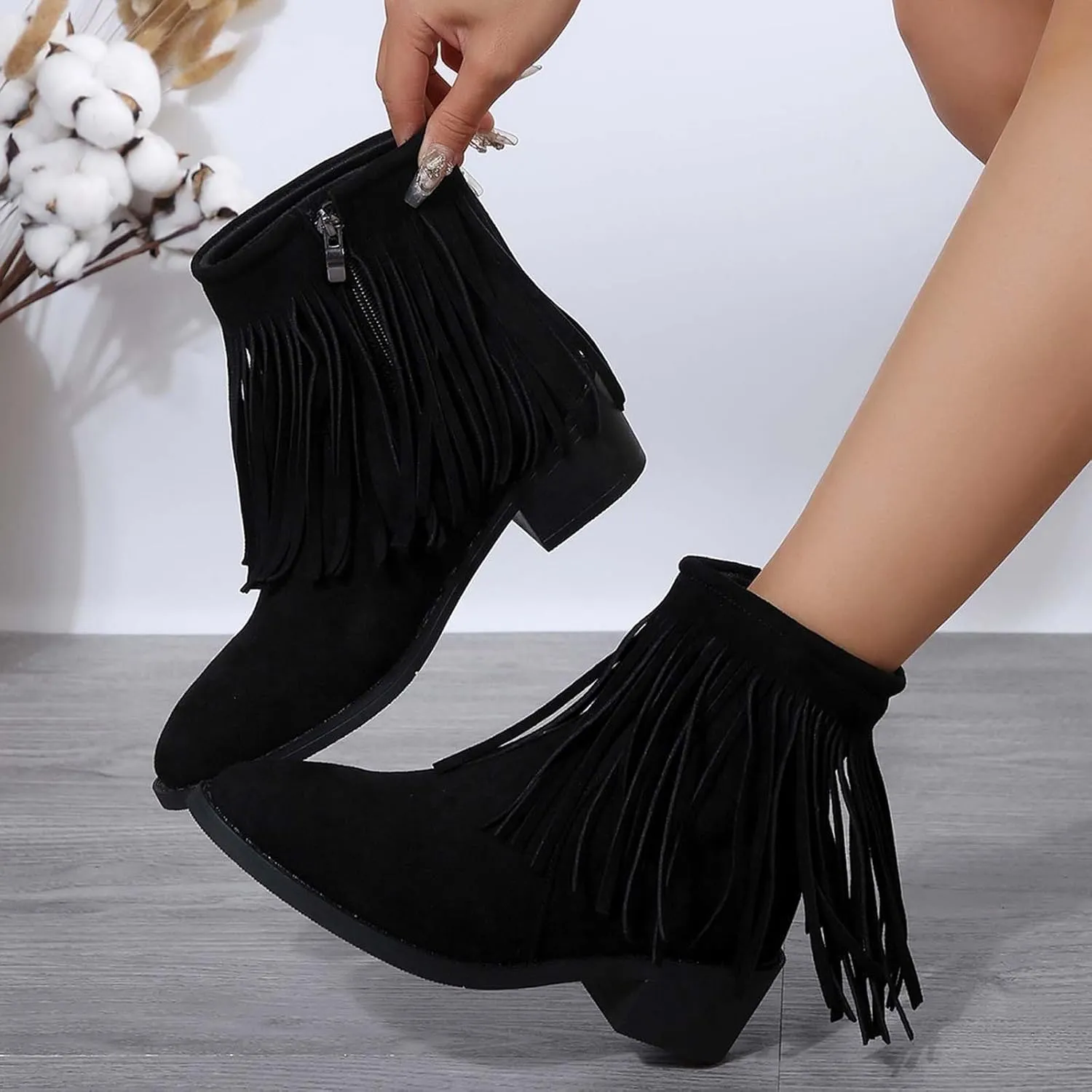 Dress Shoes for Women Tassel Suede Side Zipper Thick Heel Short Boots Casual Retro Fashion Middle Heel Boots