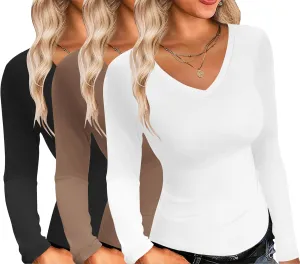 Ekouaer Womens 3 Pack Long Sleeve Shirts V Neck Slim Fit Lightweight Layer Tops 2024 Fall Clothes Thermal Undershirts