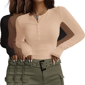 Ekouaer Women's Long Sleeve Shirts 3 Packs Henley Button Down Tops Ribbed Slim Fit Base Layer Soft Thermal Tee