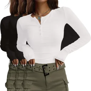 Ekouaer Women's Long Sleeve Shirts 3 Packs Henley Button Down Tops Ribbed Slim Fit Base Layer Soft Thermal Tee