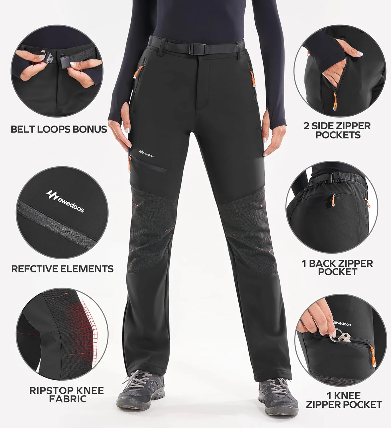 Ewedoos Snow Pants Womens Ski Pants Waterproof Insulate Softhell Fleece Lined Winter Hiking Snowboard Zipper Bottom Leg