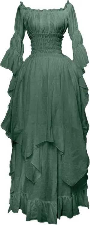 Fall Dresses for Women 2024 Off Shoulder Smocked Empire Waist Bell Sleeve Vintage Ruffle Plus Size Cosplay Maxi Dress