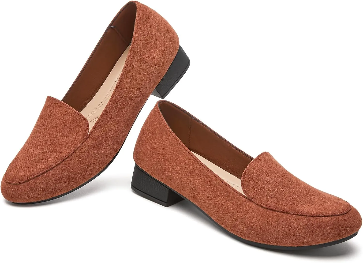 FINIWOR Womens Black Chunky Low Heel Pumps Suede Dress Flats Shoes Comfortable Work Loafers Business Office Shoes