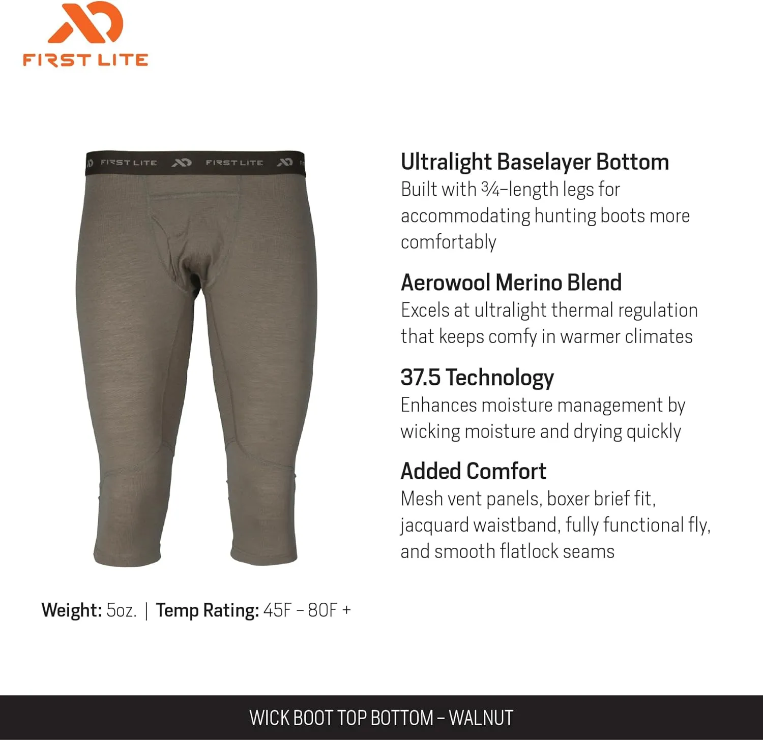 First Lite Men's Wick Boot Top - Ultralight Merino Wool Baselayer Camo Pant Bottoms