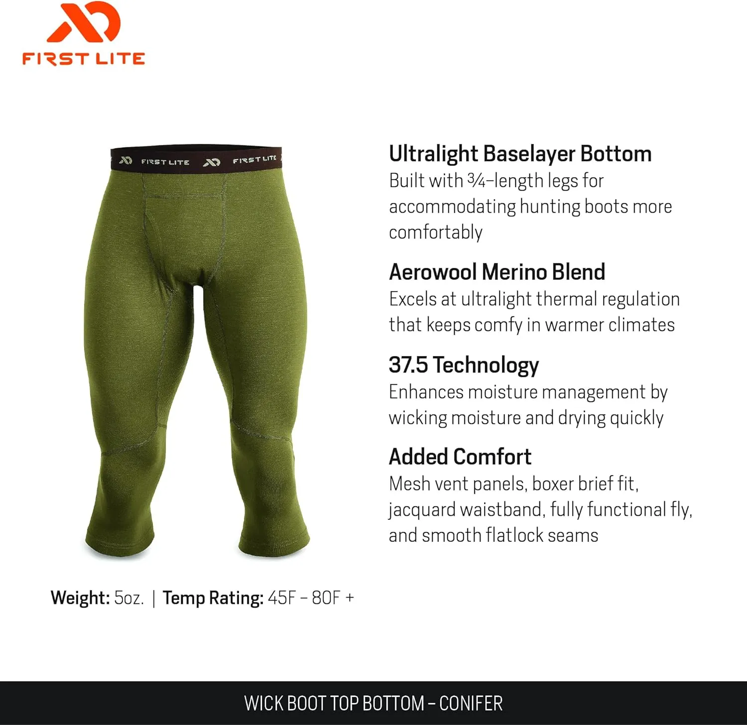 First Lite Men's Wick Boot Top - Ultralight Merino Wool Baselayer Camo Pant Bottoms