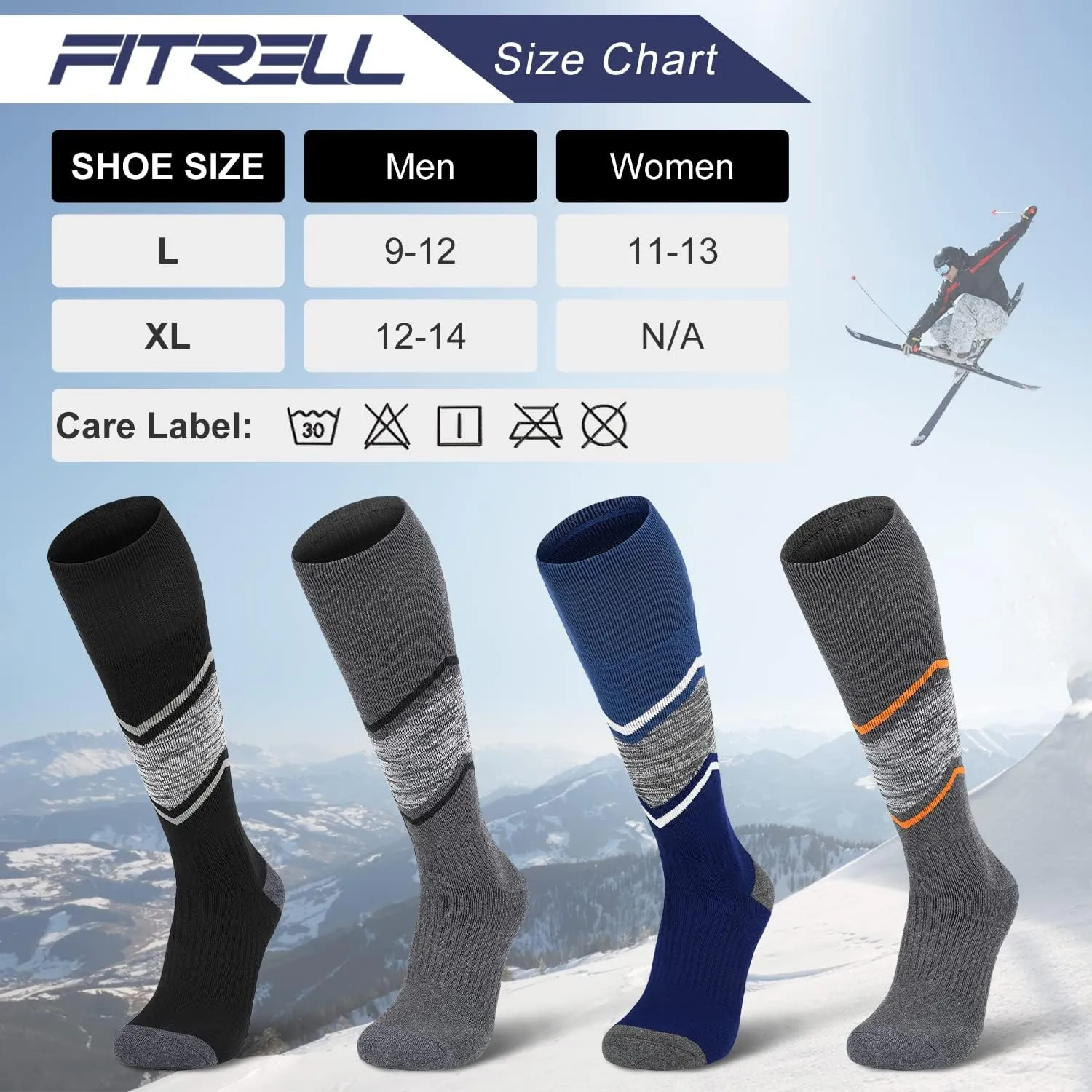 FITRELL 2/3 Pack Merino Wool Ski Socks for Snowboarding, Full Cushioned Winter Thermal Knee-high Warm Socks for Men and Women