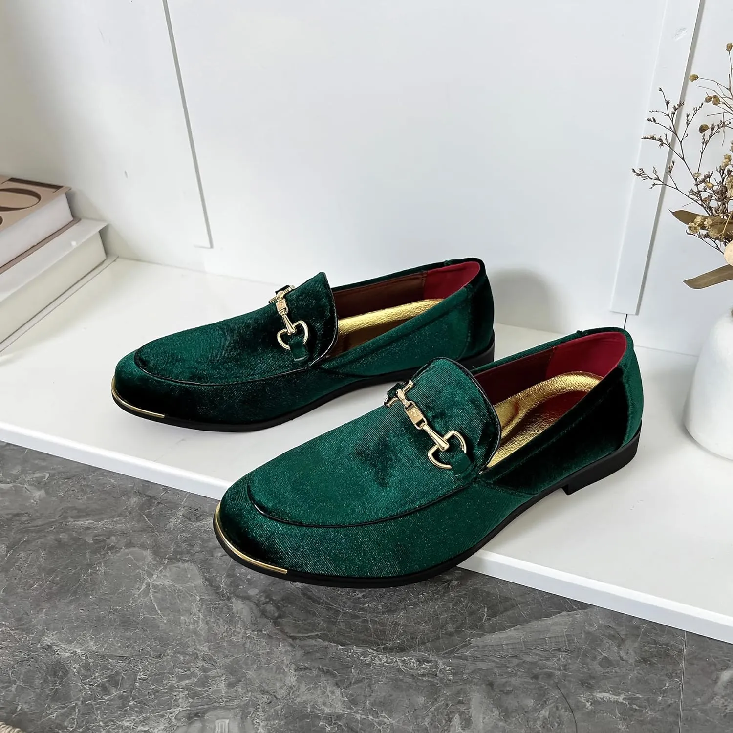FLQL Men's Luxury Velvet Penny Loafers Shoes Embroidery Suede Dress Loafers Daily Boats Shoes for Party Wedding Prom Size 7-13