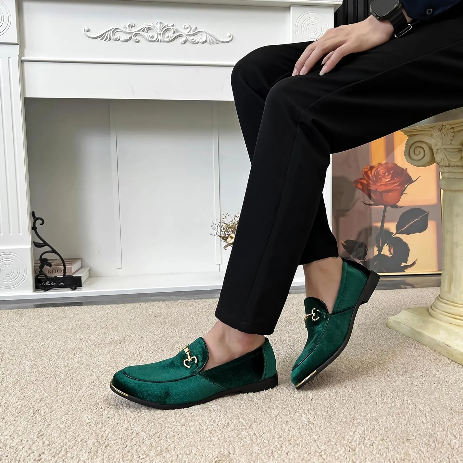 FLQL Men's Luxury Velvet Penny Loafers Shoes Embroidery Suede Dress Loafers Daily Boats Shoes for Party Wedding Prom Size 7-13