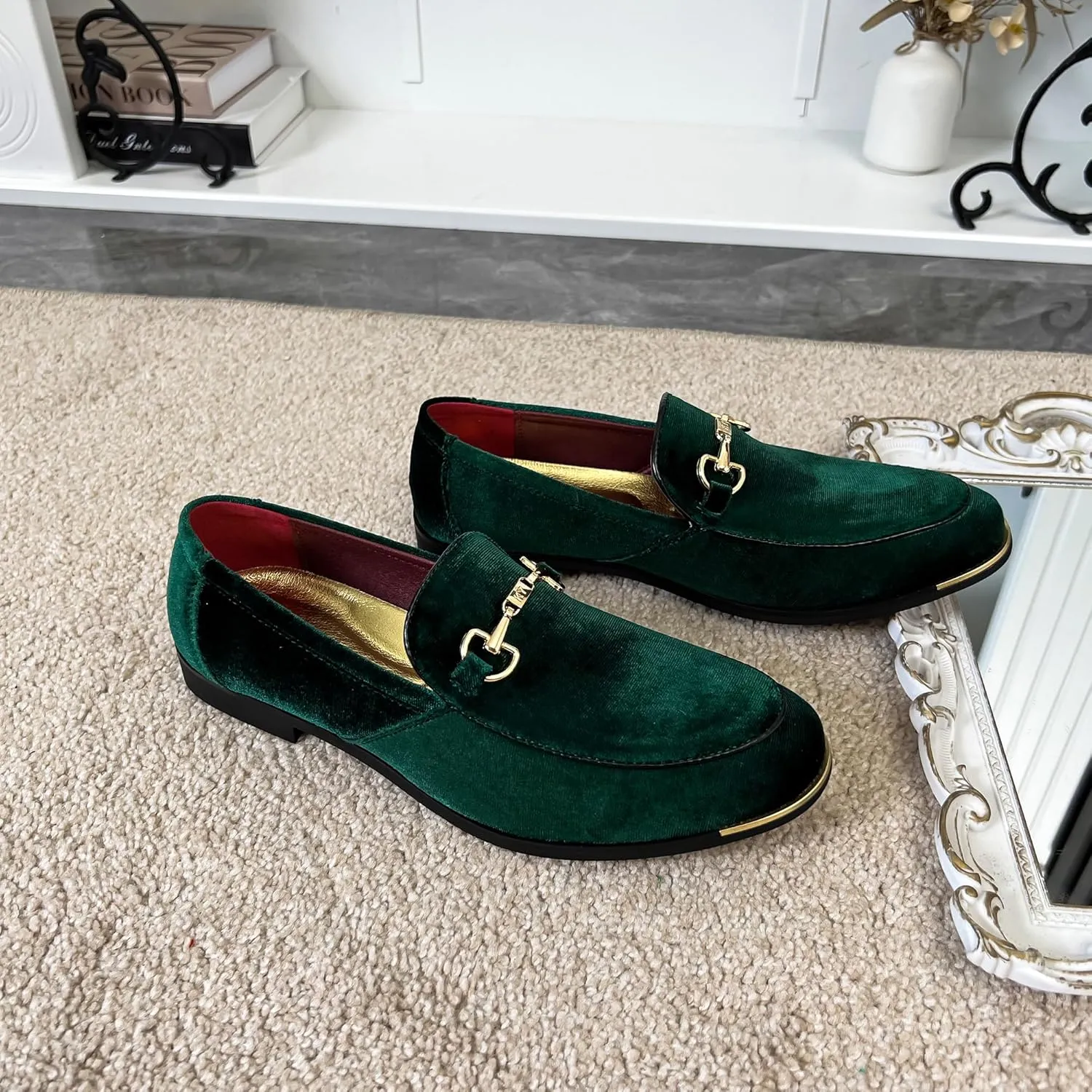 FLQL Men's Luxury Velvet Penny Loafers Shoes Embroidery Suede Dress Loafers Daily Boats Shoes for Party Wedding Prom Size 7-13