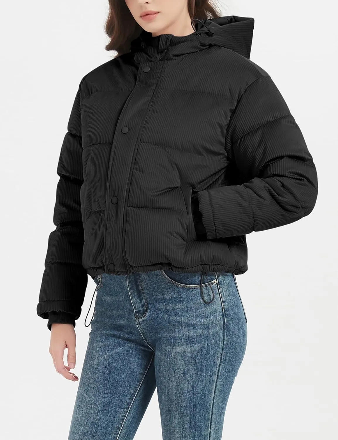 Flygo Puffer Jacket Womens Cropped Corduroy Hooded Winter Jackets Warm Quilted Long Sleeve Bubble Down Coats