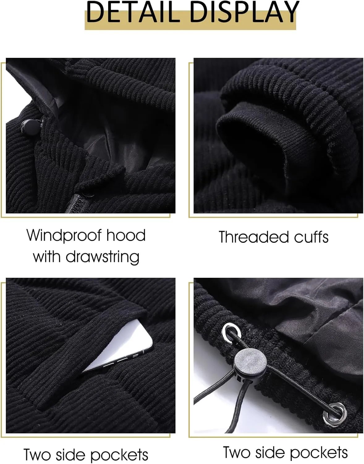 Flygo Puffer Jacket Womens Cropped Corduroy Hooded Winter Jackets Warm Quilted Long Sleeve Bubble Down Coats