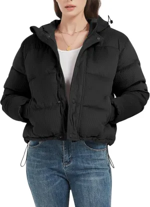 Flygo Puffer Jacket Womens Cropped Corduroy Hooded Winter Jackets Warm Quilted Long Sleeve Bubble Down Coats
