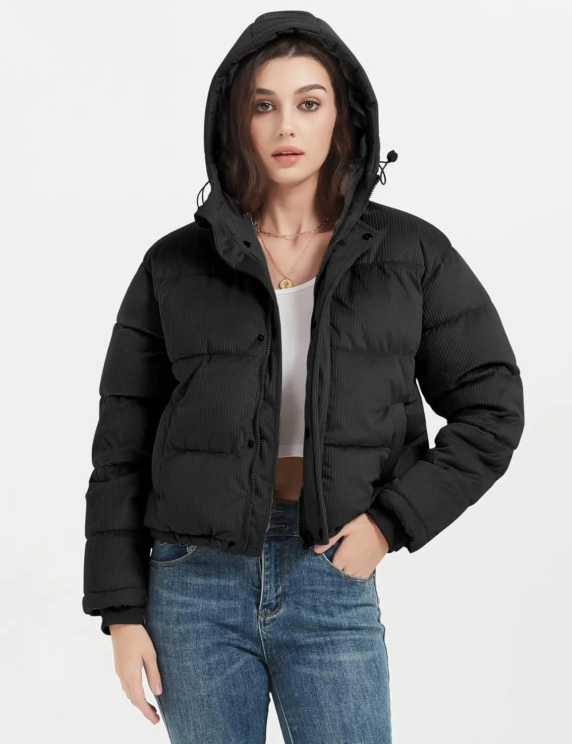 Flygo Puffer Jacket Womens Cropped Corduroy Hooded Winter Jackets Warm Quilted Long Sleeve Bubble Down Coats