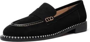 FOGEENA Womens Penny Round Toe Casual Fashion Slip On Suede Leather Chunky Low Heel Loafers Dress Shoes 1 Inch