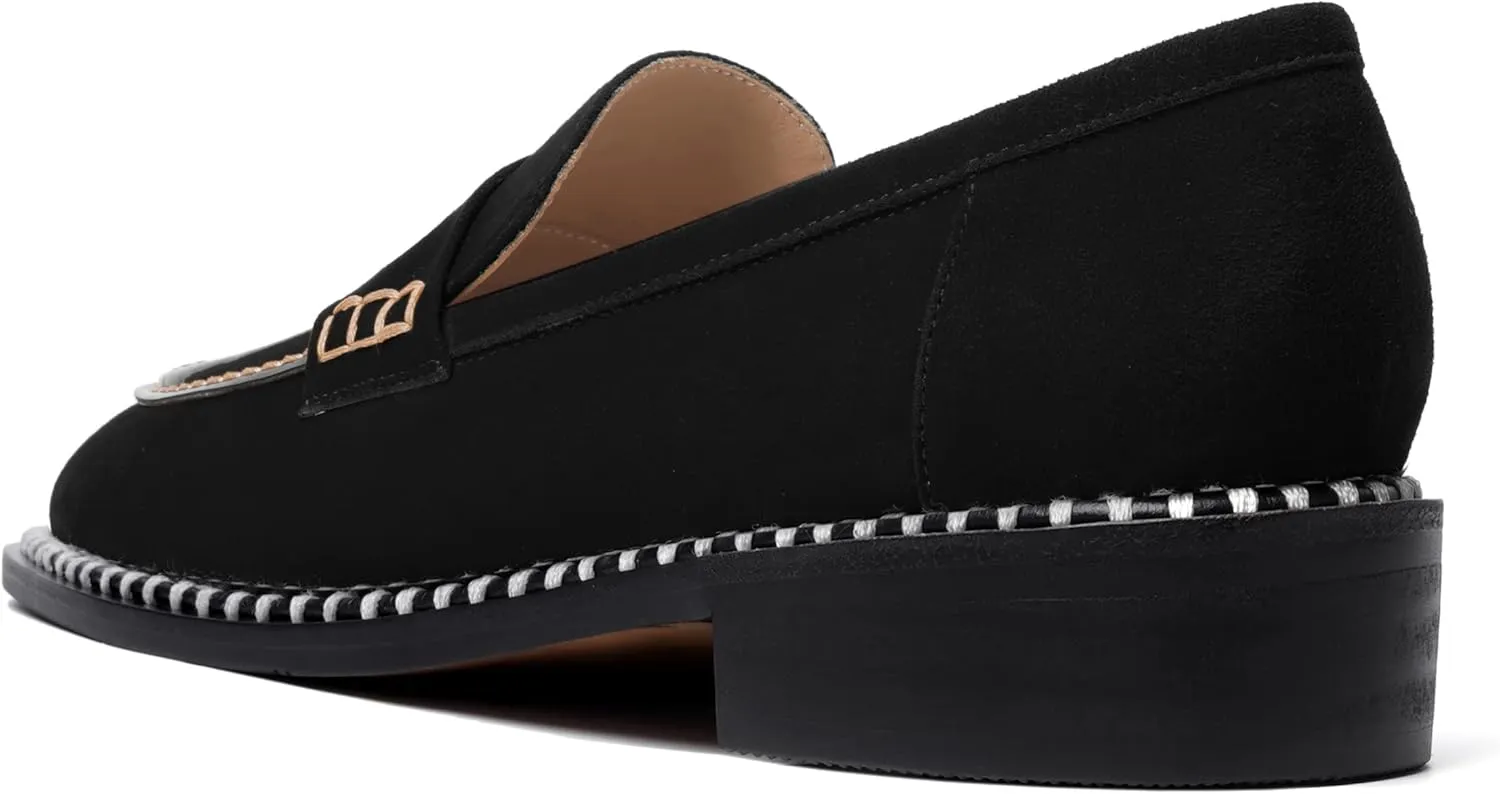 FOGEENA Womens Penny Round Toe Casual Fashion Slip On Suede Leather Chunky Low Heel Loafers Dress Shoes 1 Inch