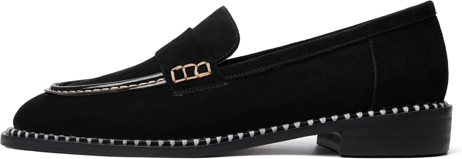 FOGEENA Womens Penny Round Toe Casual Fashion Slip On Suede Leather Chunky Low Heel Loafers Dress Shoes 1 Inch