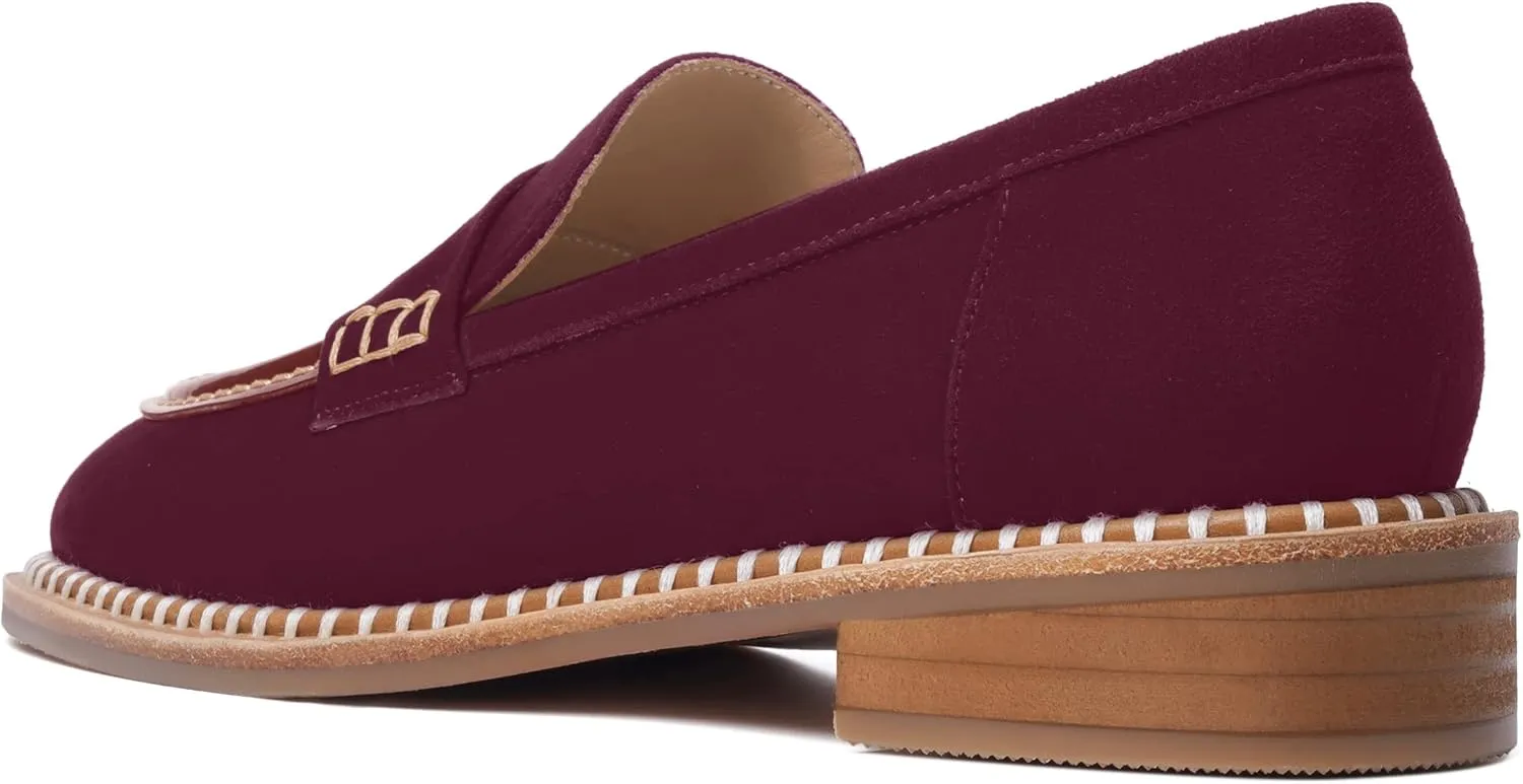 FOGEENA Womens Penny Round Toe Casual Fashion Slip On Suede Leather Chunky Low Heel Loafers Dress Shoes 1 Inch