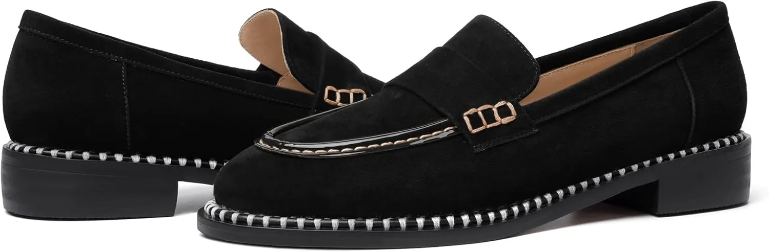 FOGEENA Womens Penny Round Toe Casual Fashion Slip On Suede Leather Chunky Low Heel Loafers Dress Shoes 1 Inch
