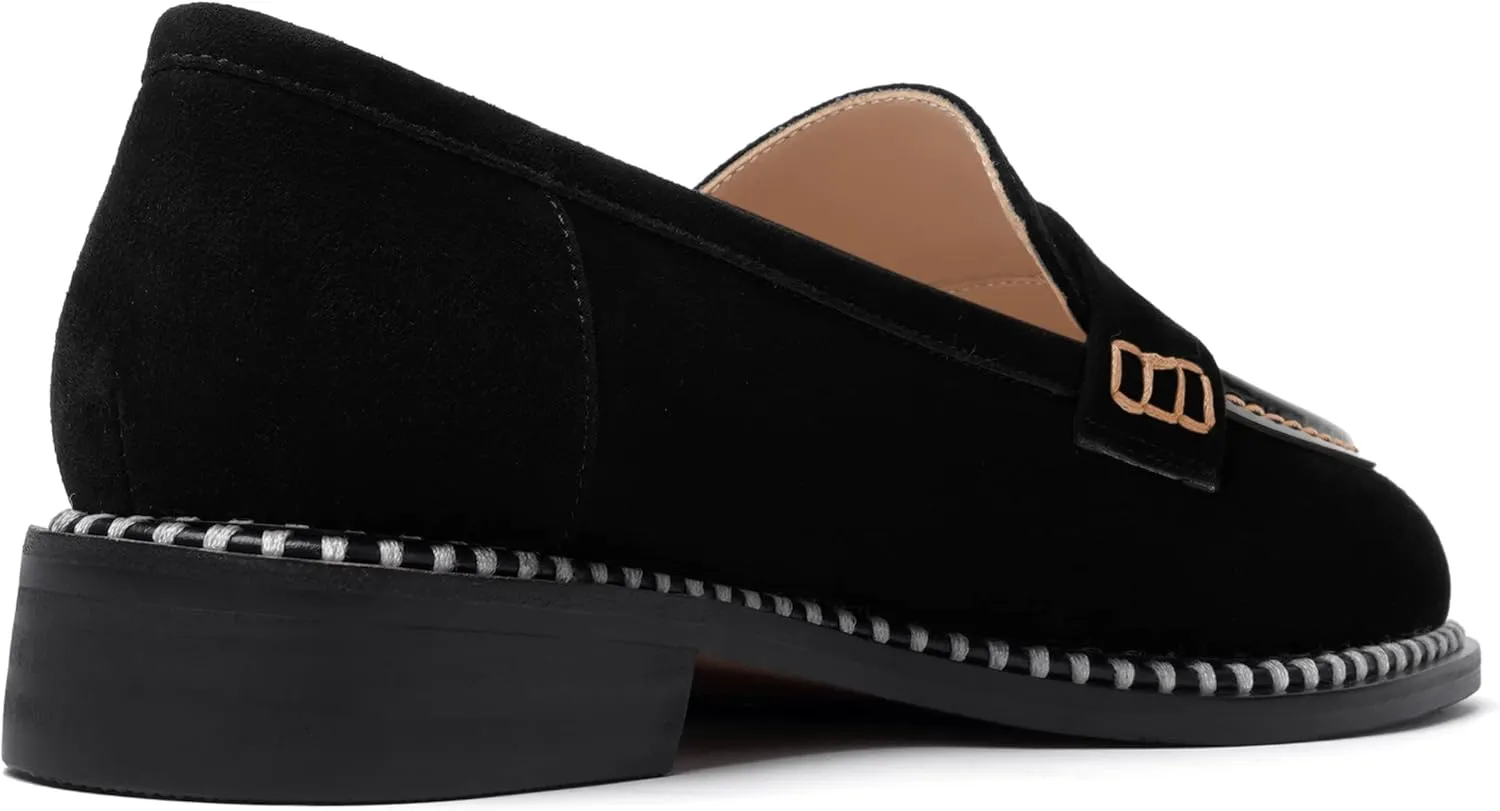 FOGEENA Womens Penny Round Toe Casual Fashion Slip On Suede Leather Chunky Low Heel Loafers Dress Shoes 1 Inch