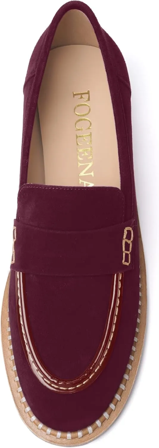 FOGEENA Womens Penny Round Toe Casual Fashion Slip On Suede Leather Chunky Low Heel Loafers Dress Shoes 1 Inch
