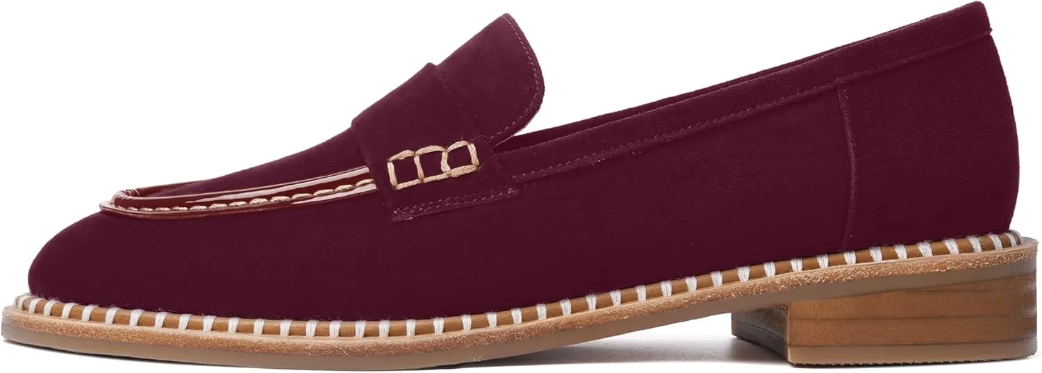 FOGEENA Womens Penny Round Toe Casual Fashion Slip On Suede Leather Chunky Low Heel Loafers Dress Shoes 1 Inch