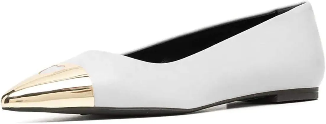 FOWT Stylish Cap Toe Pumps for Women Slip On Ballet Flats Metal Pointy Closed Toe Love Cut Out Slide Sandals Leather Ladies Girls Walking Work Dress Shoes Full Size 4-15 M US