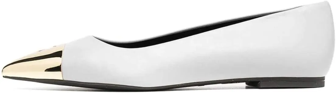 FOWT Stylish Cap Toe Pumps for Women Slip On Ballet Flats Metal Pointy Closed Toe Love Cut Out Slide Sandals Leather Ladies Girls Walking Work Dress Shoes Full Size 4-15 M US