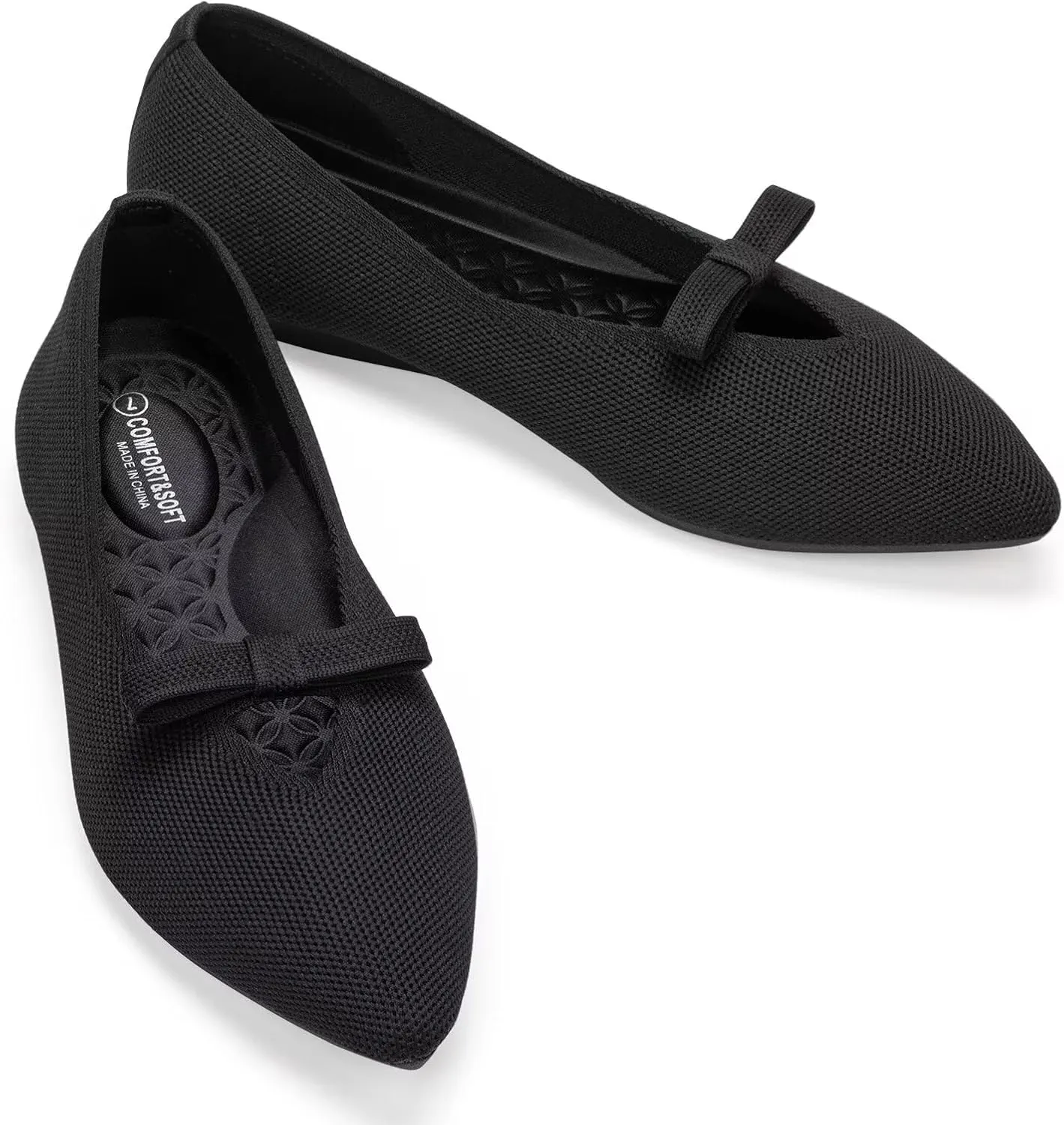 Frank Mully Women's Knitted Flats with Bow Pointed Toe Ballet Shoes Soft Fabric Ballerina Dressy Flats for Women